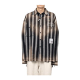 FOESCE Vintage  Striped Embroidered Long Sleeved Shirts Coat Men Distressed Loose Shirts Top