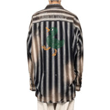 FOESCE Vintage  Striped Embroidered Long Sleeved Shirts Coat Men Distressed Loose Shirts Top