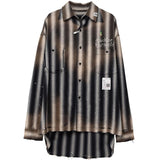 FOESCE Vintage  Striped Embroidered Long Sleeved Shirts Coat Men Distressed Loose Shirts Top