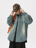 FOESCE Vintage Washed Old Denim Shirt Men Women Splicing Design Couple Loose Long Sleeve Shirt Jacket Soft Sports Casual