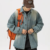 FOESCE Vintage Washed Old Denim Shirt Men Women Splicing Design Couple Loose Long Sleeve Shirt Jacket Soft Sports Casual