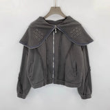 FOESCE Vintage Washed Thug Club Zipper Masked Hoodie Cap Silver Hollow Metal Round Ring Sweatshirts Outer Suture Pullovers Men Women