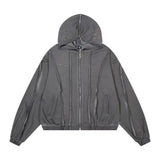 FOESCE Vintage Washed Thug Club Zipper Masked Hoodie Cap Silver Hollow Metal Round Ring Sweatshirts Outer Suture Pullovers Men Women