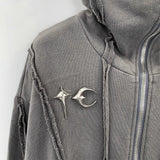 FOESCE Vintage Washed Thug Club Zipper Masked Hoodie Cap Silver Hollow Metal Round Ring Sweatshirts Outer Suture Pullovers Men Women