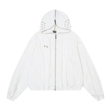 FOESCE Vintage Washed Thug Club Zipper Masked Hoodie Cap Silver Hollow Metal Round Ring Sweatshirts Outer Suture Pullovers Men Women