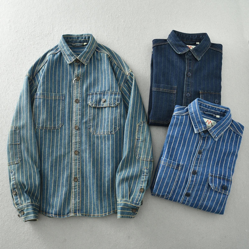FOESCE Vintage washed vertical stripe denim shirt men's loose large size cotton long-sleeved shirt jacket