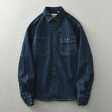 FOESCE Vintage washed vertical stripe denim shirt men's loose large size cotton long-sleeved shirt jacket