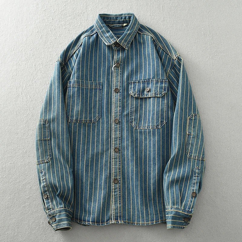 FOESCE Vintage washed vertical stripe denim shirt men's loose large size cotton long-sleeved shirt jacket