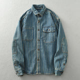 FOESCE Vintage washed vertical stripe denim shirt men's loose large size cotton long-sleeved shirt jacket