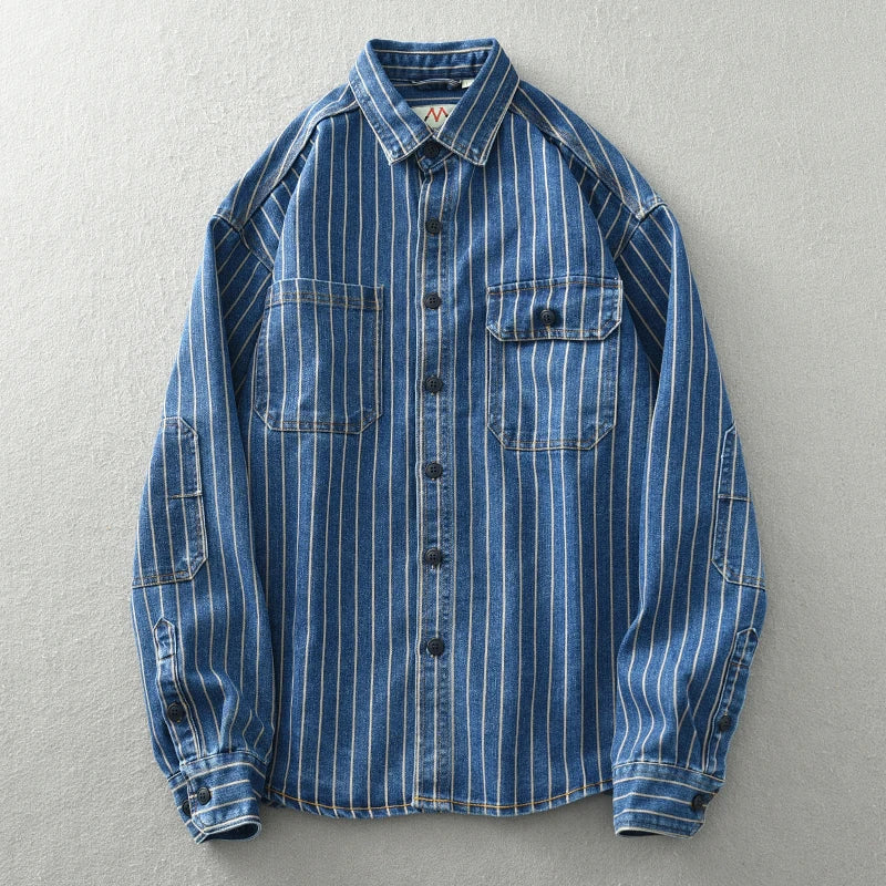 FOESCE Vintage washed vertical stripe denim shirt men's loose large size cotton long-sleeved shirt jacket
