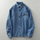 FOESCE Vintage washed vertical stripe denim shirt men's loose large size cotton long-sleeved shirt jacket