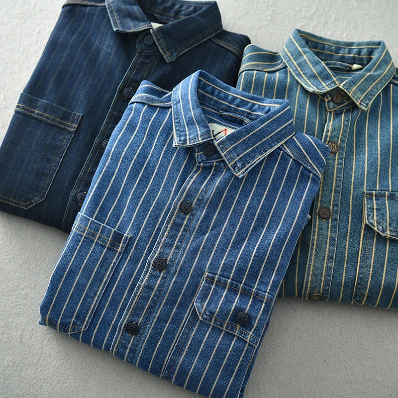 FOESCE Vintage washed vertical stripe denim shirt men's loose large size cotton long-sleeved shirt jacket