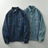 FOESCE Vintage washed vertical stripe denim shirt men's loose large size cotton long-sleeved shirt jacket