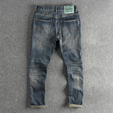FOESCE Waist embroidery design heavy vintage blue water wash made old jeans for men fitted small straight leg American trend pants