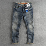 FOESCE Waist embroidery design heavy vintage blue water wash made old jeans for men fitted small straight leg American trend pants