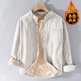 FOESCE Warm Mens Winter Shirts Long Sleeve Corduroy Vintage Shirt Men Daily Causal Thicken Clothing Solid Pocket Fleece Shirt Simple
