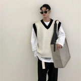 FOESCE White Striped Knitted Sweaters For Men Vest V Neck Man Clothes Sleeveless Waistcoat Thick Winter Old Cotton Wholesale Sale S
