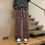 FOESCE Wide leg pants Men's Vintage Geometric Knitted jacquard pants Casual Straight  Pants Ethnic Tribal Style Winter Trousers man