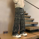 FOESCE Wide leg pants Men's Vintage Geometric Knitted jacquard pants Casual Straight  Pants Ethnic Tribal Style Winter Trousers man