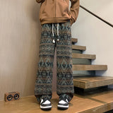 FOESCE Wide leg pants Men's Vintage Geometric Knitted jacquard pants Casual Straight  Pants Ethnic Tribal Style Winter Trousers man
