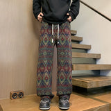 FOESCE Wide leg pants Men's Vintage Geometric Knitted jacquard pants Casual Straight  Pants Ethnic Tribal Style Winter Trousers man