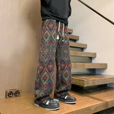 FOESCE Wide leg pants Men's Vintage Geometric Knitted jacquard pants Casual Straight  Pants Ethnic Tribal Style Winter Trousers man