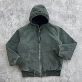FOESCE Windproof and wrinkle resistant jacket, linen green men zipper hooded sweatshirt, American retro hip-hop goth Y2K outdoor sports