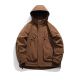 FOESCE Winter Cargo Jacket Men Solid Large Pocket Hooded Down Coat Men Retro Solid Color Warm Outdoors Windbreaker Down Jacket