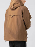 FOESCE Winter Cargo Jacket Men Solid Large Pocket Hooded Down Coat Men Retro Solid Color Warm Outdoors Windbreaker Down Jacket