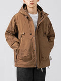 FOESCE Winter Cargo Jacket Men Solid Large Pocket Hooded Down Coat Men Retro Solid Color Warm Outdoors Windbreaker Down Jacket