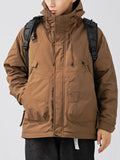 FOESCE Winter Cargo Jacket Men Solid Large Pocket Hooded Down Coat Men Retro Solid Color Warm Outdoors Windbreaker Down Jacket
