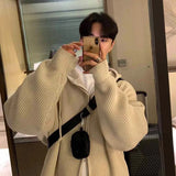 FOESCE Winter Clothing Men's Luxury Knitted Hooded Zipper Cardigan Sweater Long Sleeve Solid Color Hoodie Korean Popular Knitwear