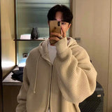 FOESCE Winter Clothing Men's Luxury Knitted Hooded Zipper Cardigan Sweater Long Sleeve Solid Color Hoodie Korean Popular Knitwear