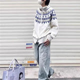FOESCE Winter Fair Isle Design Christmas Cardigan For Men Y2K Vintage Knitted Zipper Sweaters 2025 New Women Jacquard Jumpers Jackets