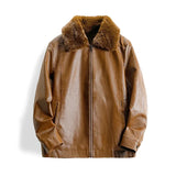 FOESCE Winter Fashion Thicken Warm Brown Leather Jacket Men Lapel Solid Zipper Fleece Bomber Coat Mens Pu Leather Motorcycle Jackets