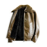 FOESCE Winter Fashion Thicken Warm Brown Leather Jacket Men Lapel Solid Zipper Fleece Bomber Coat Mens Pu Leather Motorcycle Jackets