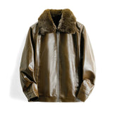 FOESCE Winter Fashion Thicken Warm Brown Leather Jacket Men Lapel Solid Zipper Fleece Bomber Coat Mens Pu Leather Motorcycle Jackets