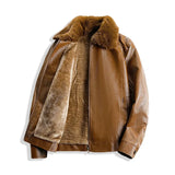 FOESCE Winter Fashion Thicken Warm Brown Leather Jacket Men Lapel Solid Zipper Fleece Bomber Coat Mens Pu Leather Motorcycle Jackets