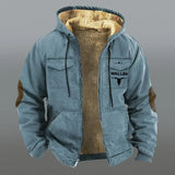 FOESCE Winter Jacket with Hood for Men Velvet Thickened Pockets Cotton Jacket Western Cowboy 3D Printed Coat Brown Warm Work Clothes