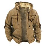 FOESCE Winter Jacket with Hood for Men Velvet Thickened Pockets Cotton Jacket Western Cowboy 3D Printed Coat Brown Warm Work Clothes