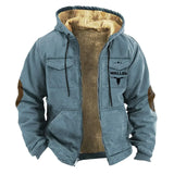 FOESCE Winter Jacket with Hood for Men Velvet Thickened Pockets Cotton Jacket Western Cowboy 3D Printed Coat Brown Warm Work Clothes