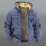 FOESCE Winter Jacket with Hood for Men Velvet Thickened Pockets Cotton Jacket Western Cowboy 3D Printed Coat Brown Warm Work Clothes