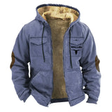 FOESCE Winter Jacket with Hood for Men Velvet Thickened Pockets Cotton Jacket Western Cowboy 3D Printed Coat Brown Warm Work Clothes
