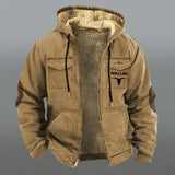 FOESCE Winter Jacket with Hood for Men Velvet Thickened Pockets Cotton Jacket Western Cowboy 3D Printed Coat Brown Warm Work Clothes