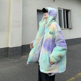 FOESCE Winter New Fashion Tie-dyed Lamb Cotton-padded Jacket Thickened Cotton-padded Jacket Men Y2K Harajuku Pop Oversize Hooded Coat