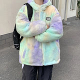 FOESCE Winter New Fashion Tie-dyed Lamb Cotton-padded Jacket Thickened Cotton-padded Jacket Men Y2K Harajuku Pop Oversize Hooded Coat