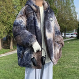 FOESCE Winter New Fashion Tie-dyed Lamb Cotton-padded Jacket Thickened Cotton-padded Jacket Men Y2K Harajuku Pop Oversize Hooded Coat