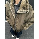 FOESCE Winter New Warm Plush Jacket Y2K Retro Solid Color Cotton Coat Men Street Hip Hop Harajuku Cleanfit Loose Stand-up Collar Jacket