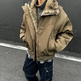 FOESCE Winter New Warm Plush Jacket Y2K Retro Solid Color Cotton Coat Men Street Hip Hop Harajuku Cleanfit Loose Stand-up Collar Jacket