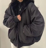 FOESCE Winter New Warm Plush Jacket Y2K Retro Solid Color Cotton Coat Men Street Hip Hop Harajuku Cleanfit Loose Stand-up Collar Jacket